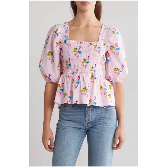 Ganni Lilac Floral Smock Top Square Neck Puff Sleeve Spring Size 44 New V13 - Picture 6 of 13